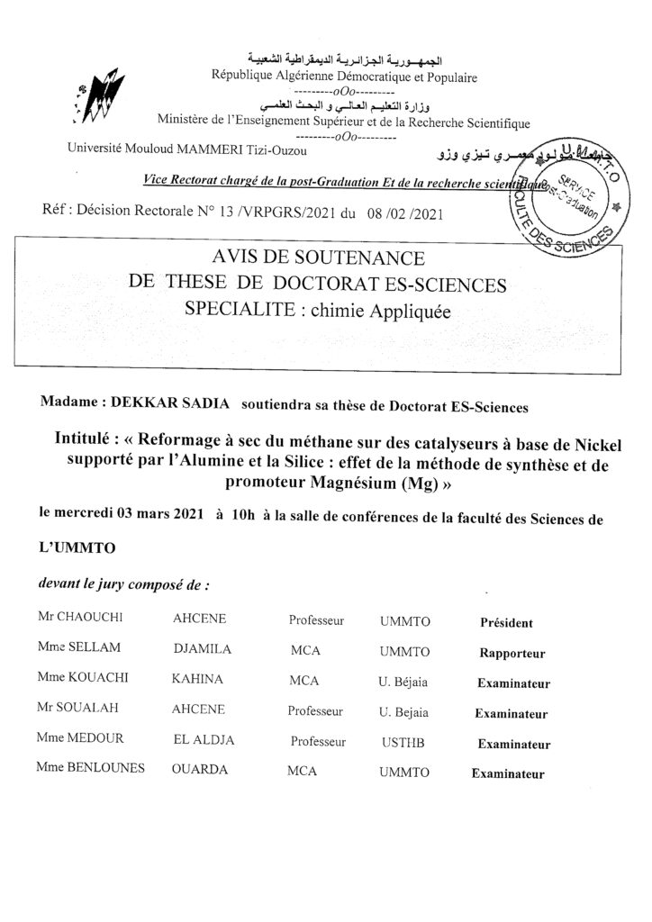 Avis De Soutenance De Th Se De Doctorat En Chimie Appliqu E Par Mme Dekkar Sadia Universit